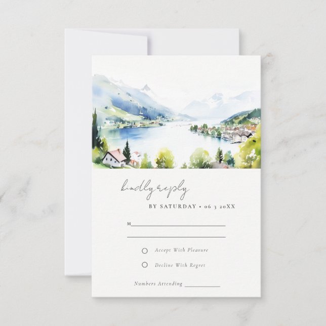 Lungern Switzerland Watercolor Landscape Wedding RSVP Card (Front)