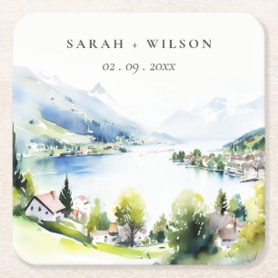 Lungern Switzerland Watercolor Landscape Wedding Square Paper Coaster