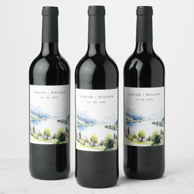 Lungern Switzerland Watercolor Landscape Wedding Wine Label (Bottles)