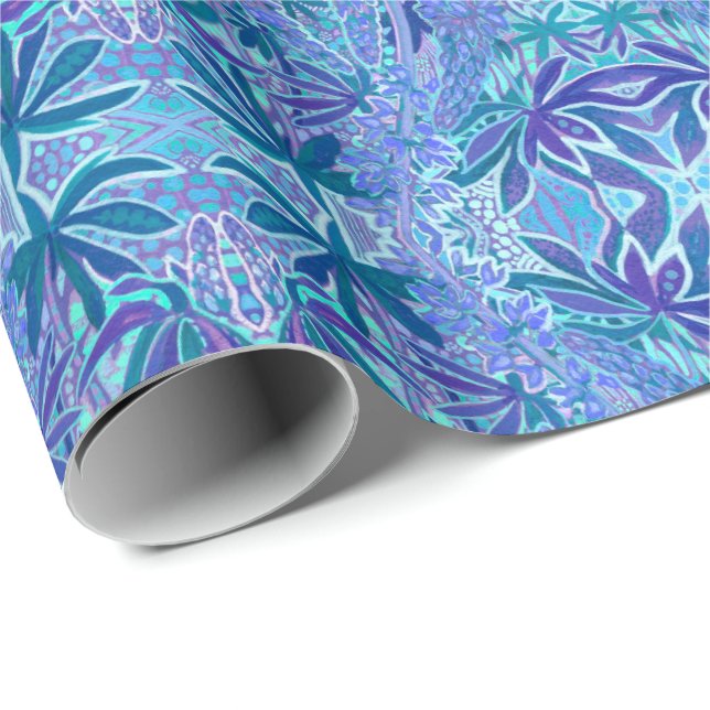 Lupine Flower Bohemian Boho Arabesque Pattern Blue Wrapping Paper (Roll Corner)