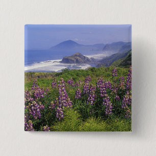 Lupine flowers and rugged coastline along 15 cm square badge