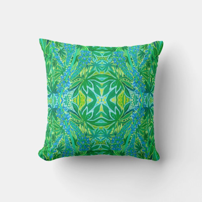 Lupine Flowers Bohemian Arabesque Pattern Green Th Cushion (Front)
