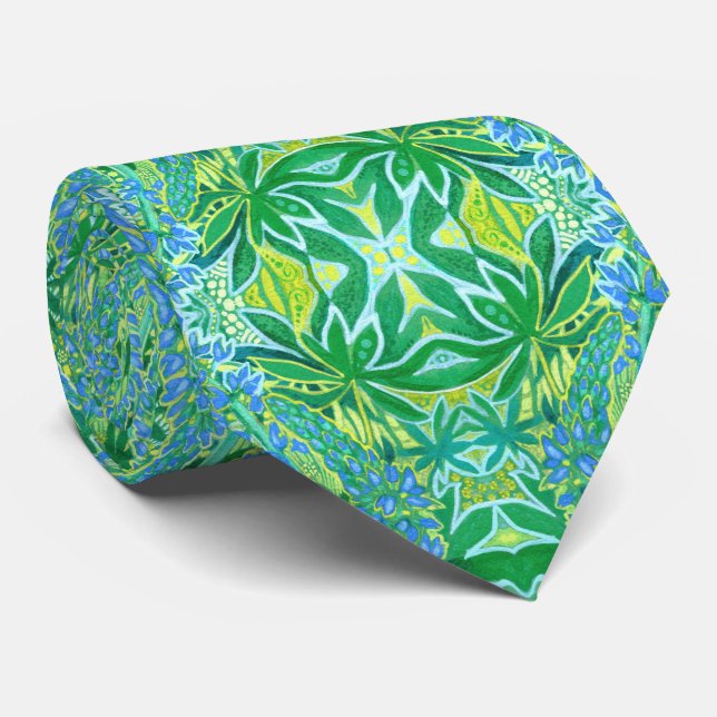 Lupine Flowers Bohemian Arabesque Pattern Green Tie (Rolled)