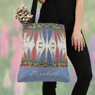 Lupine Flowers n Butterflies Vintage Monogram Tote Bag
