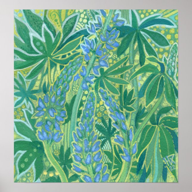Lupine Flowers, Summer Wildflowers Floral Painting Poster (Front)
