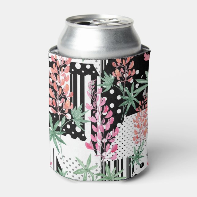 Lupines on a patchwork black and white background  can cooler (Can Front)