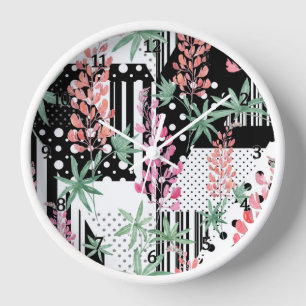 Lupines on a patchwork black and white background clock