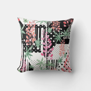 Lupines on a patchwork black and white background cushion