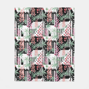Lupines on a patchwork black and white background fleece blanket