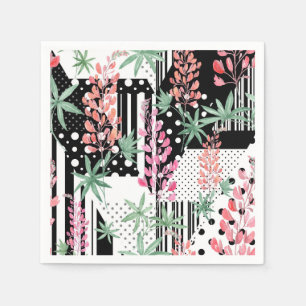 Lupines on a patchwork black and white background napkin