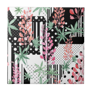 Lupines on a patchwork black and white background tile