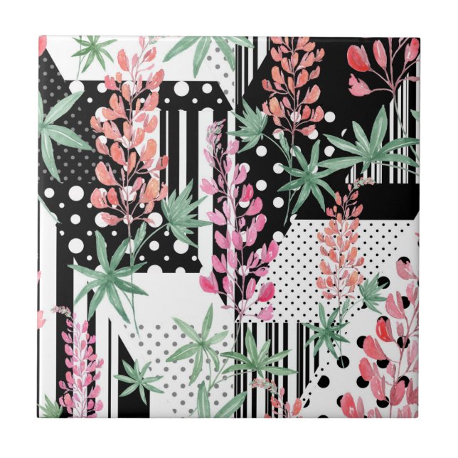 Lupines on a patchwork black and white background  tile (Front)