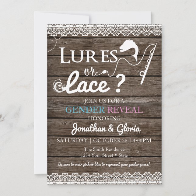 Lures or Lace Gender Reveal Blue or Pink Invitation (Front)