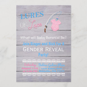Lures or Lace Wooden Gender Reveal Baby Shower Invitation