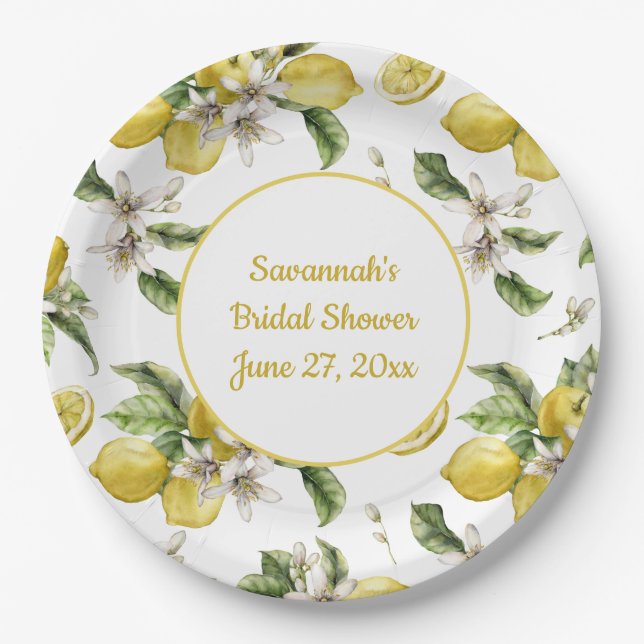 Luscious Lemons and Greenery Monogrammed Paper Plate (Front)