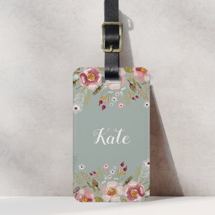 Luscious Pink Floral Sage Green Custom Name Luggage Tag