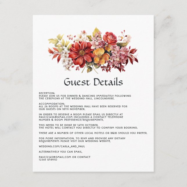Luscious Red Floral Wedding Guest Details Enclosure Card (Front)