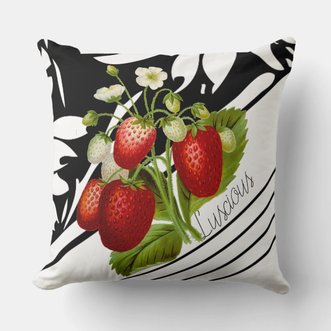 Luscious Strawberries on Black and White Graphic Cushion (Front)