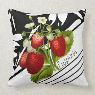 Luscious Strawberries on Black and White Graphic Cushion