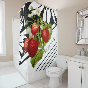 Luscious Strawberries on Black and White Graphic Shower Curtain