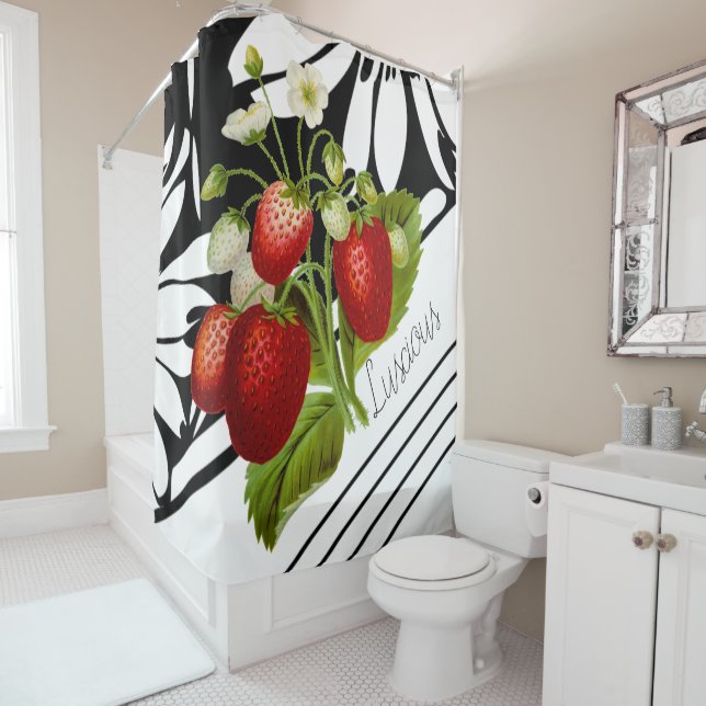 Luscious Strawberries on Black and White Graphic Shower Curtain (In Situ)