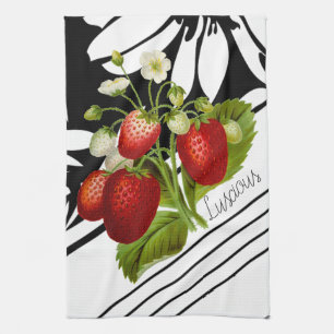 Luscious Strawberries on Black and White Graphic Tea Towel