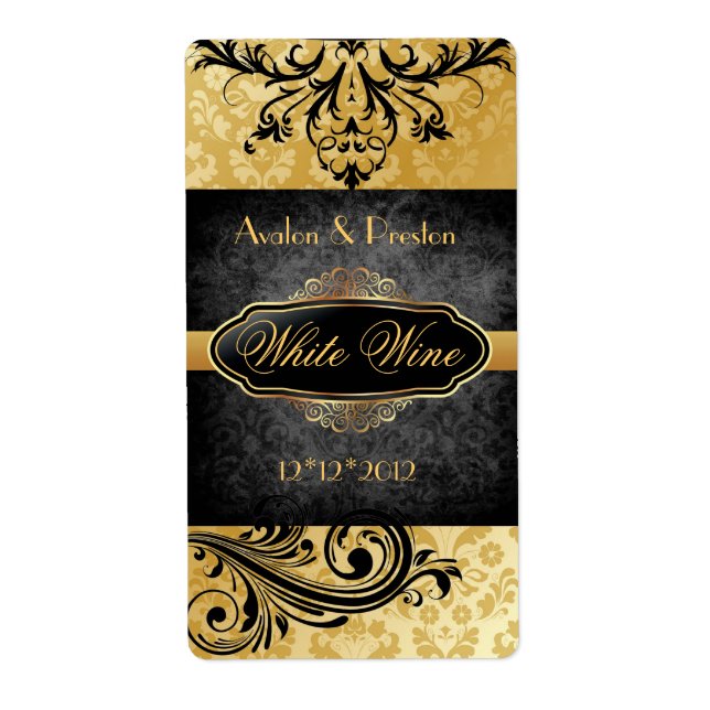 Luscious Vintage Gold Scroll Wedding Wine Label (Front)