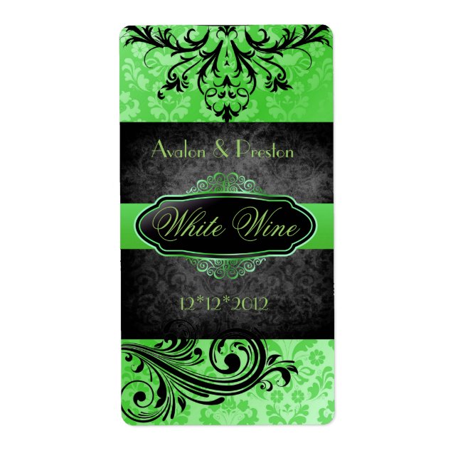 Luscious Vintage Green Scroll Wedding Wine Label (Front)