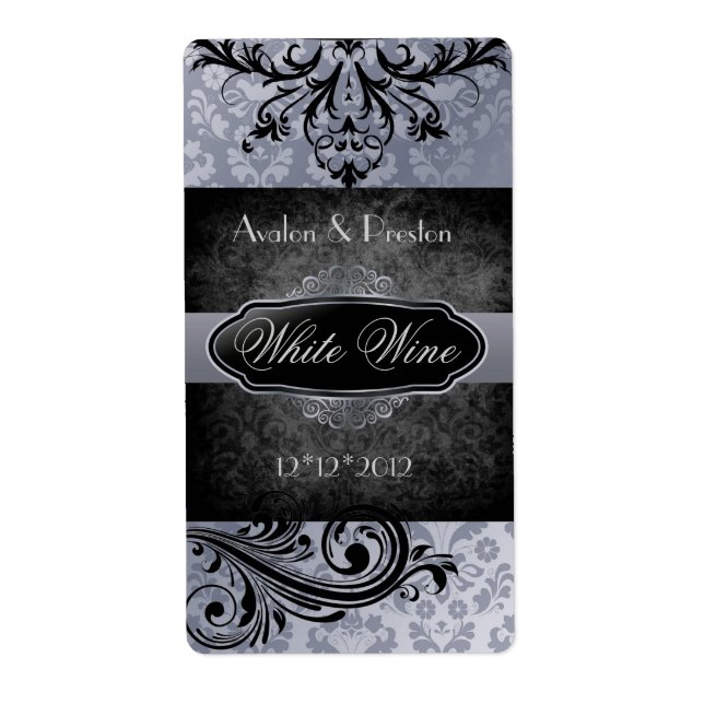 Luscious Vintage Grey Scroll Wedding Wine Label (Front)