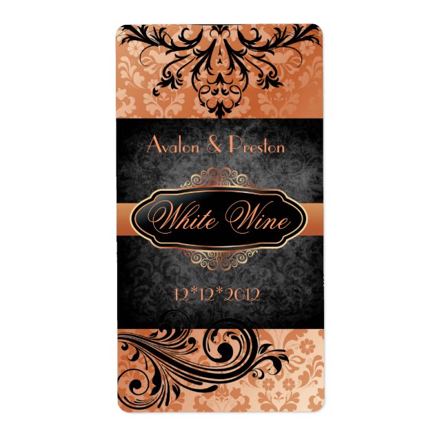 Luscious Vintage Orange Scroll Wedding Wine Label (Front)