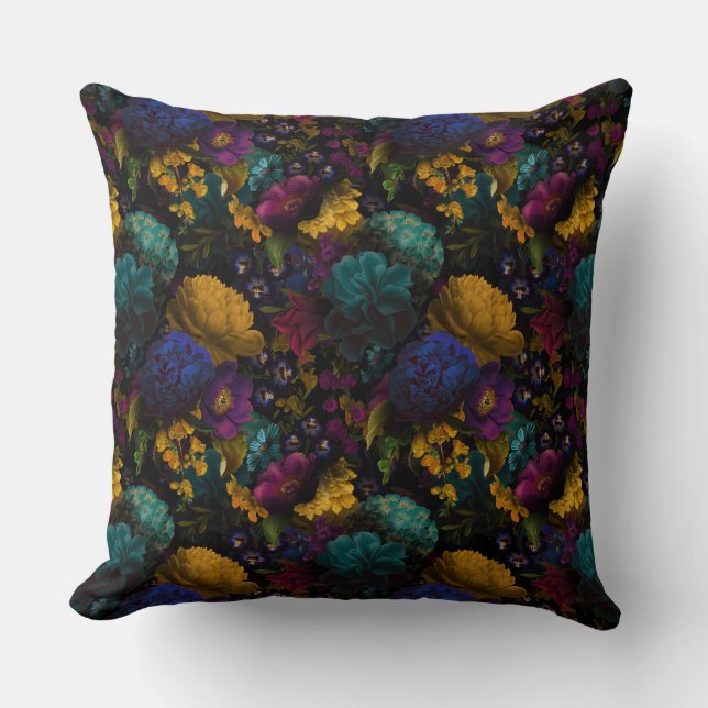 Lush baroque antique flowers on black cushion (Front)