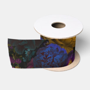 Lush baroque antique flowers on black satin ribbon