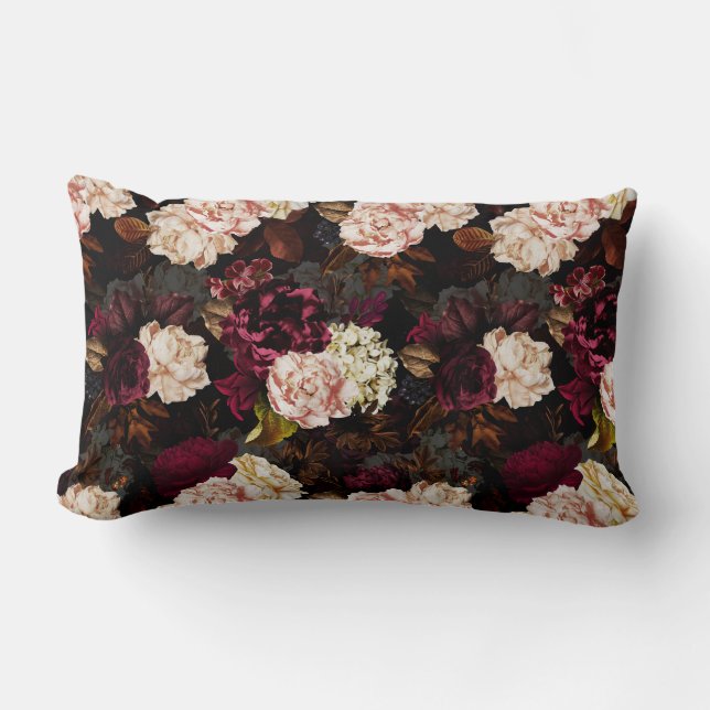 Lush baroque antique peony flowers on black lumbar cushion (Front)