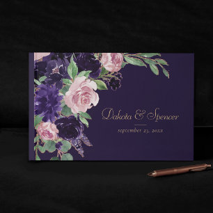 Lush Blossom   Dark Purple and Pink Rose Floral Guest Book