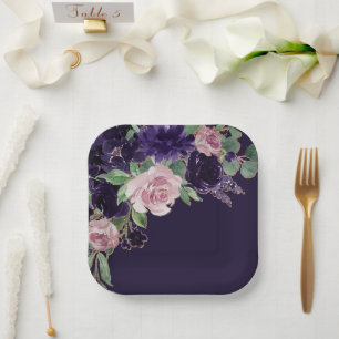 Lush Blossom   Dark Purple and Pink Rose Floral Paper Plate
