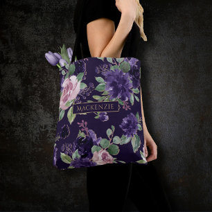 Lush Blossom   Dark Purple and Pink Rose Pattern Tote Bag