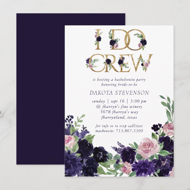 Lush Blossoms | Purple and Pink Floral I Do Crew Invitation (Front/Back)