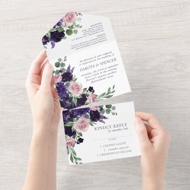 Lush Blossoms | Purple and Pink Floral Wedding All In One Invitation (Tearaway)