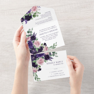 Lush Blossoms | Purple and Pink Floral Wedding All In One Invitation