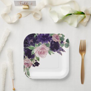 Lush Blossoms Purple and Pink Rose Bouquet Paper Plate