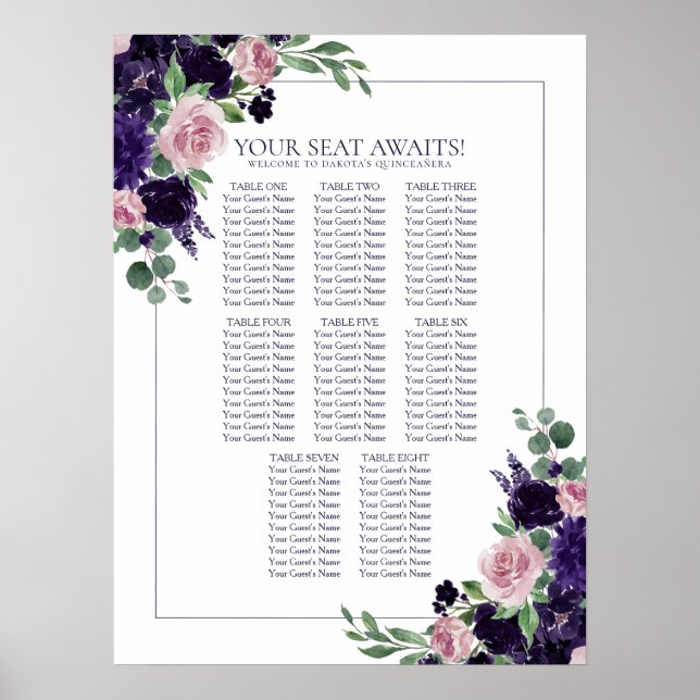 Lush Blossoms | Purple and Pink Rose Seating Chart (Front)