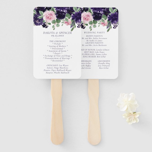 Lush Blossoms | Purple Pink Rose Garland Program Hand Fan (Front and Back)