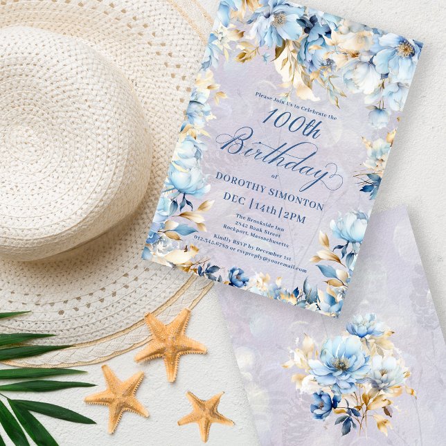 Lush Blue White Watercolor Floral 100th Birthday Invitation (Creator Uploaded)