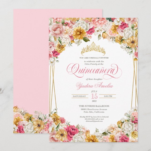 Lush Blush Pink Yellow Floral Elegant Quinceanera  Invitation (Front/Back)