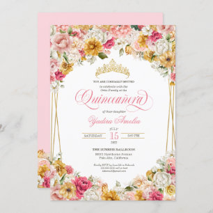 Lush Blush Pink Yellow Floral Elegant Quinceanera  Invitation