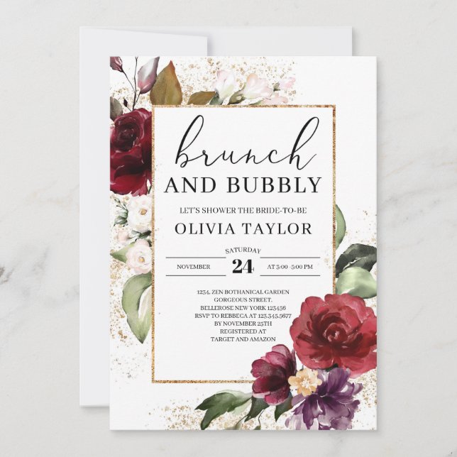 Lush burgundy blush pink floral brunch and bubbly invitation (Front)