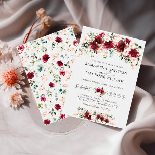 Lush Burgundy Blush Roses Floral Boho Wedding  Invitation
