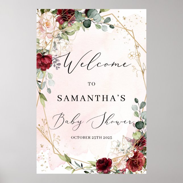 Lush burgundy floral gold baby shower welcome sign (Front)