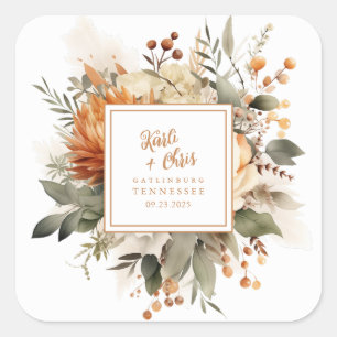 Lush Burnt Orange Fall Floral & Greenery Square Sticker