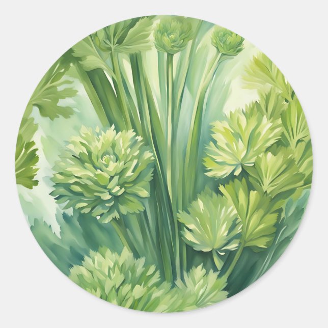 Lush Celery Green Botanical Pattern Classic Round Sticker (Front)